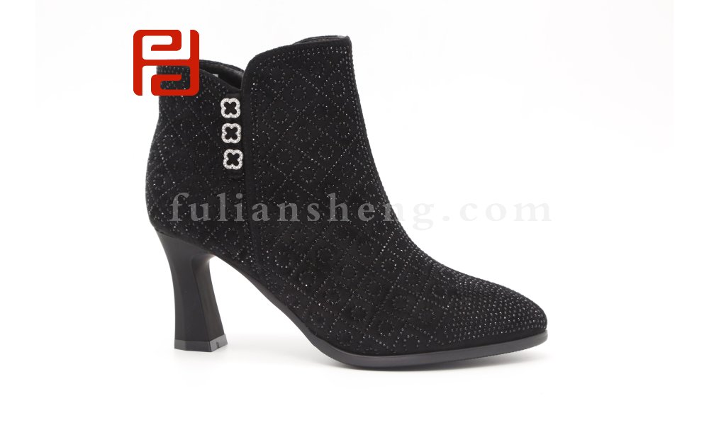 福連升時(shí)尚單靴高跟鞋女水鉆棉麻舒適短靴女靴圖片