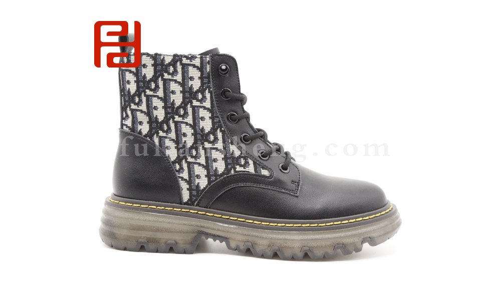 福連升2020冬季新款女純牛皮拼時尚印花網(wǎng)紅英倫風短靴騎士靴圖片